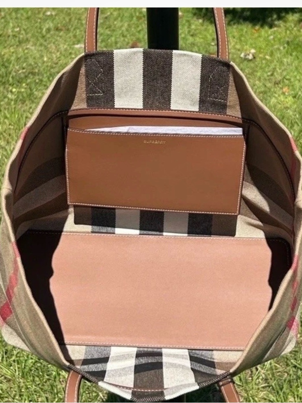 Burberry London Check Canvas Tote with Brown Leather Straps - Picture 7 of 13